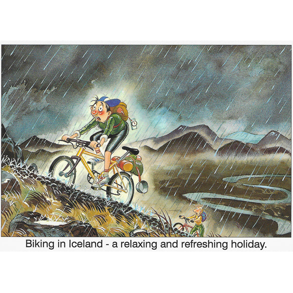 Postcard, Biking in Iceland, cartoon