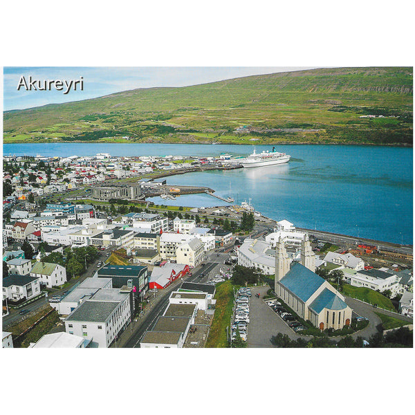 Postcard, Akureyri, Church and ship in harbor