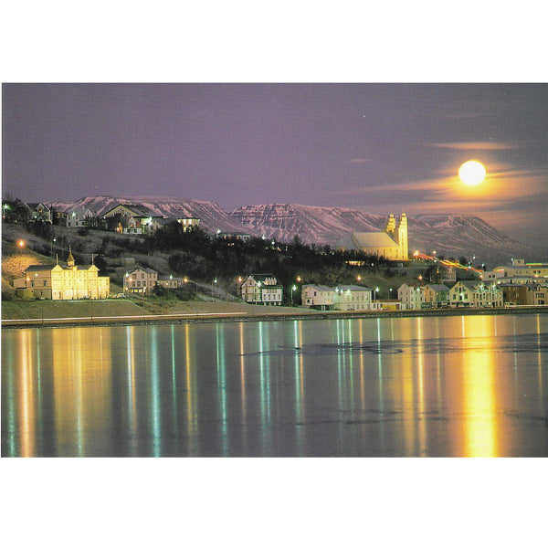Postcard, Town of Akureyri in twilight, winter