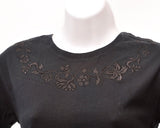 Womans T-shirt, black,  embroidered Icelandic flower design